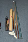 A GROUP OF SNOOKER CUES, comprising a BCE 'Jimmy White' three piece custom cue in case, a two