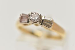 AN 18CT GOLD, DIAMOND RING, designed with a central round brilliant cut diamond, in a raised four