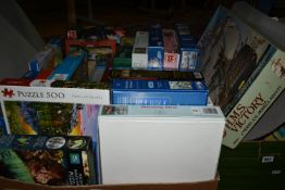 TWO BOXES OF JIGSAW PUZZLES ETC, brands include Ravensburger, Gibsons, BBC Earth, WH Smith, Falcon