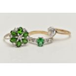 THREE 9CT GOLD GEM SET RINGS, to include a white gold, demantoid garnet and colourless sapphire