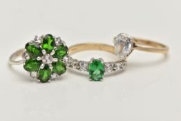 THREE 9CT GOLD GEM SET RINGS, to include a white gold, demantoid garnet and colourless sapphire