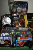 TWO BOXES OF ELVIS PRESLEY MEMORABILIA ETC, to include a boxed set of three action figures, six