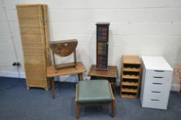 A SELECTION OF OCCASIONAL FURNITURE, to include a modern pine wine rack, a cd rack, a magazine