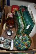 A BOX OF MARBLES, EMMERDALE STUDIO CARDS AND SUNDRY ITEMS, to include a small biscuit tin of