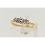 A YELLOW METAL THREE STONE DIAMOND RING, designed with three claw set, round brilliant cut diamonds,