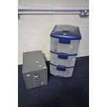 A BISLEY METAL FILING FIVE DRAWER CABINET, width 28cm x depth 41cm x height 33cm, along with a