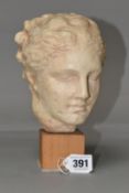 A CLASSICAL STYLE GREEK FEMALE BUST, the painted terracotta head and neck mounted on a small