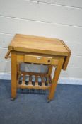 A SERVUS BEECH TWO TIER KITCHEN TROLLEY, with a butchers block top, knife holder, and frieze drawer,