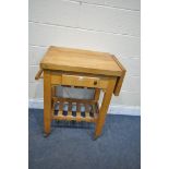 A SERVUS BEECH TWO TIER KITCHEN TROLLEY, with a butchers block top, knife holder, and frieze drawer,