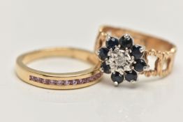 TWO 9CT GOLD GEM SET RINGS, the first a blue sapphire and diamond flower cluster, open work textured