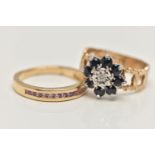 TWO 9CT GOLD GEM SET RINGS, the first a blue sapphire and diamond flower cluster, open work textured