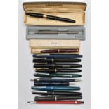 A BAG OF ASSORTED PENS, to include a boxed 'Conway Stewart' propelling pencil, a cased 'Parker' ball
