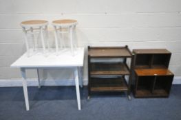 AN OAK TWO TIER OPEN BOOKCASE, along with an oak tea trolley, a white Formica kitchen table and