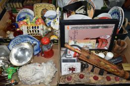 FOUR BOXES OF CERAMICS, GLASS, METAL WARES AND SUNDRY ITEMS, to include a red cut to clear