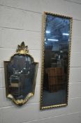 A GILT FRAMED RECTANGULAR BEVELLED EDGE MIRROR 42cm x 123cm, another gilt edge foliate mirror (