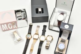 A BOX OF EIGHT WRISTWATCHES, names to include Seiko, Morgan, Playboy, Acctim, Sekonda and