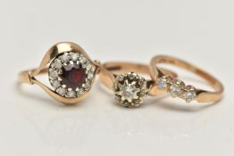 THREE GEM SET RINGS, the first a 9ct gold diamond cluster ring, estimated total diamond weight 0.