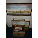 A BOX AND LOOSE PAINTINGS AND PRINTS ETC, to include two river landscape oils on board signed J.