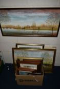 A BOX AND LOOSE PAINTINGS AND PRINTS ETC, to include two river landscape oils on board signed J.