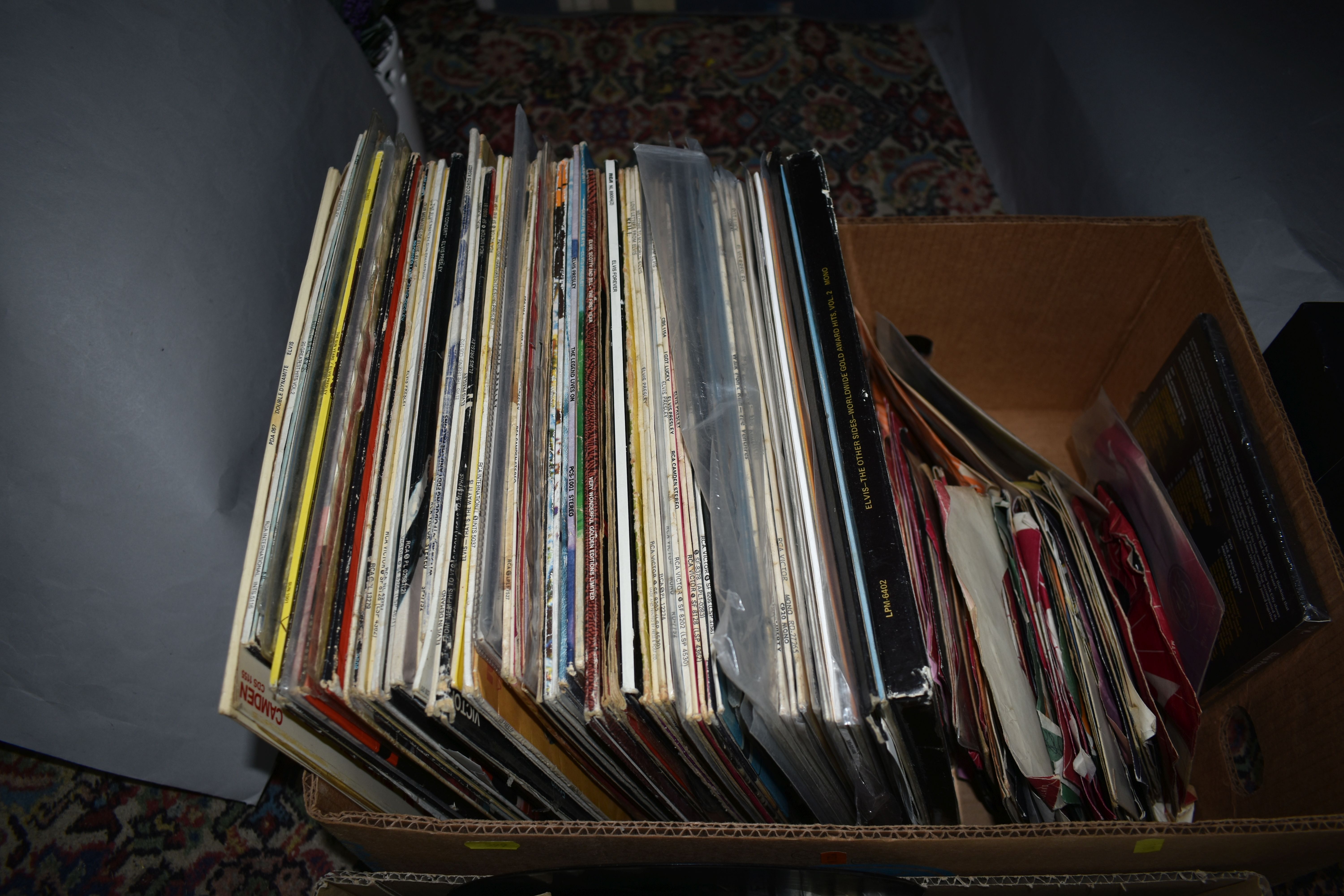 THREE BOXES OF ELVIS PRESLEY LPs, TAPE CASSETTES, 45RPM AND 45E.P RECORDS, over one hundred assorted - Image 3 of 4