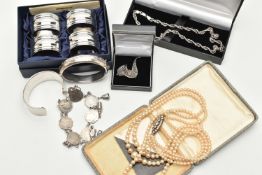 A BOX OF ASSORTED ITEMS, to include a silver hinged bangle, hallmarked Birmingham, a silver rope