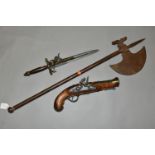 A COPY OF A MEDIEVAL HAND AXE, a replica flintlock pistol and a replica flintlock knife pistol (3)