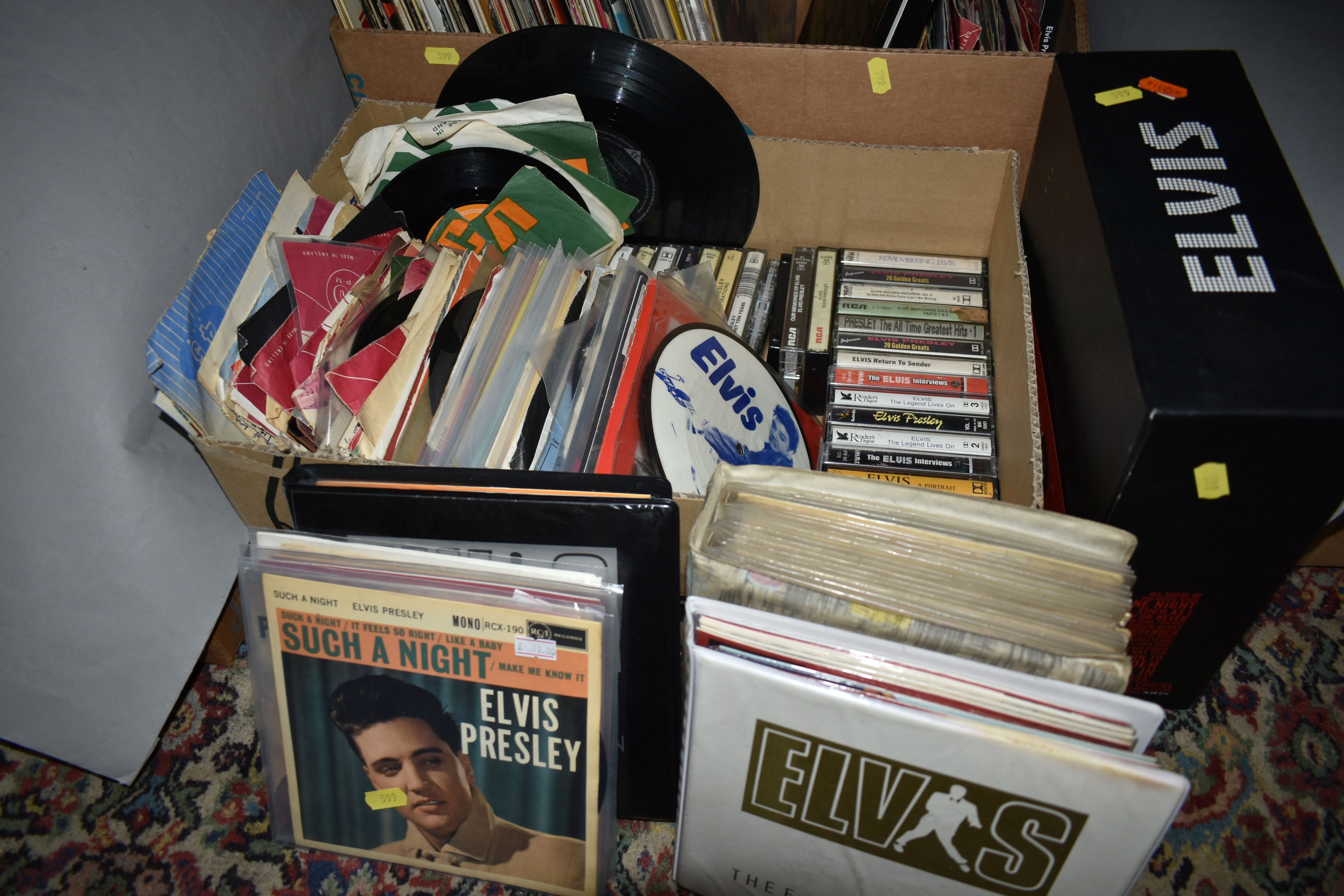 THREE BOXES OF ELVIS PRESLEY LPs, TAPE CASSETTES, 45RPM AND 45E.P RECORDS, over one hundred assorted - Image 2 of 4