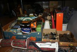 FIVE BOXES OF ASSORTED SUNDRIES, VINTAGE TINS AND CLOCKS, a large collection of vintage