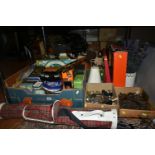 FIVE BOXES OF ASSORTED SUNDRIES, VINTAGE TINS AND CLOCKS, a large collection of vintage