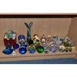 A LARGE QUANTITY OF GLASS PAPERWEIGHTS AND STUDIO GLASS, comprising a boxed unmarked double sided