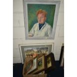 PAINTINGS AND PRINTS ETC, to include a mid-20th century portrait of a male figure wearing a white
