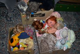 THREE BOXES OF SOFT TOYS AND DOLLS ETC, to include teddy bears, rabbits, pig, gorilla etc, hand