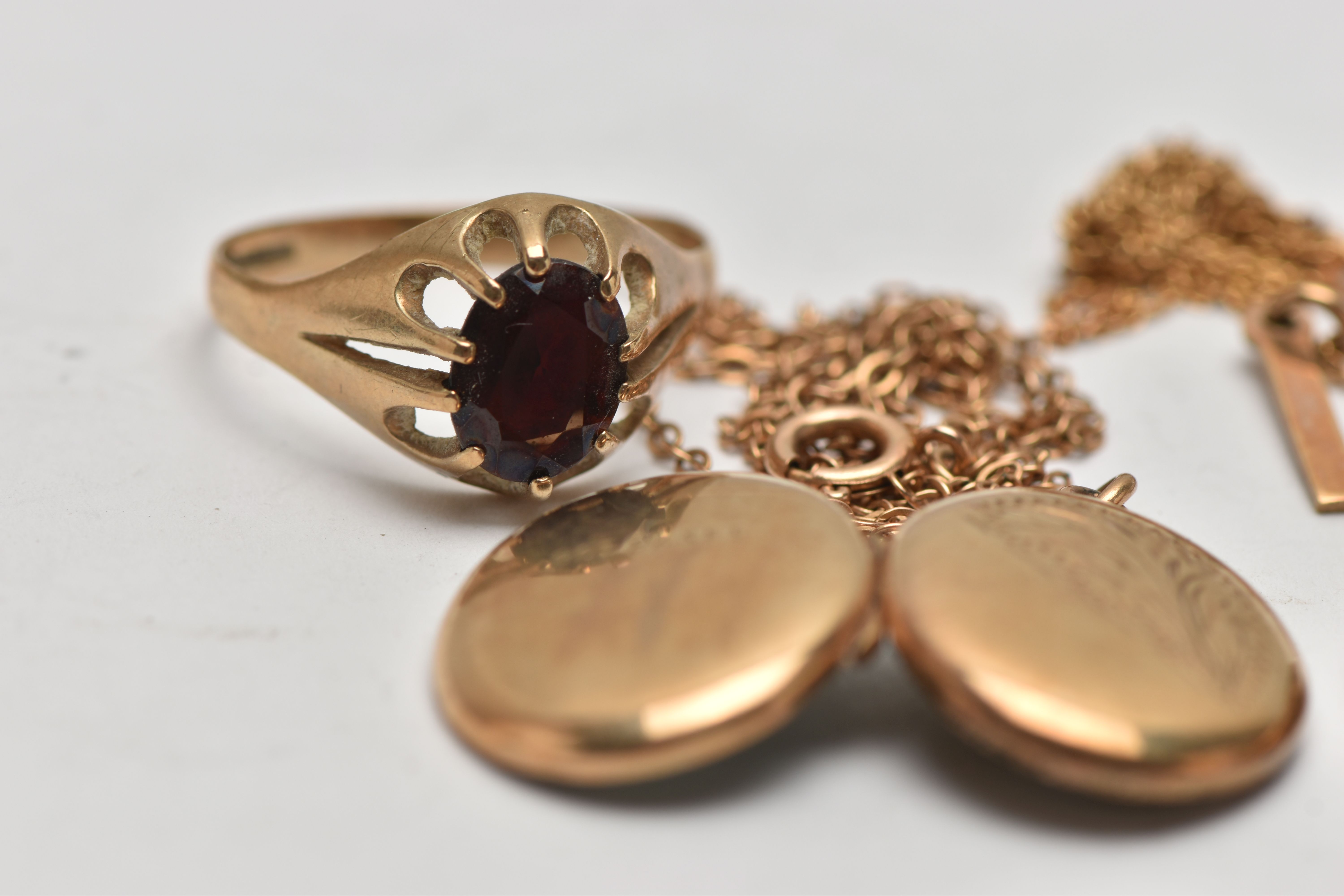 A 9CT GOLD GARNET SIGNET RING AND OTHER PIECES OF JEWELLERY, the signet ring designed as an oval cut - Image 2 of 3