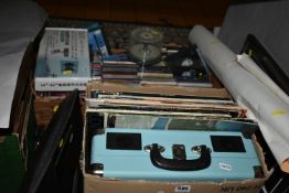 TWO BOXES AND LOOSE CDS, DVDS, LP RECORDS,FILM POSTERS AND ELECTRICAL ITEMS ETC, to include a Bush