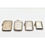 FOUR LATE 19TH AND EARLY 20TH CENTURY SILVER VESTA CASES OF RECTANGULAR FORM, one plain, the other