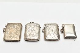 FOUR LATE 19TH AND EARLY 20TH CENTURY SILVER VESTA CASES OF RECTANGULAR FORM, one plain, the other