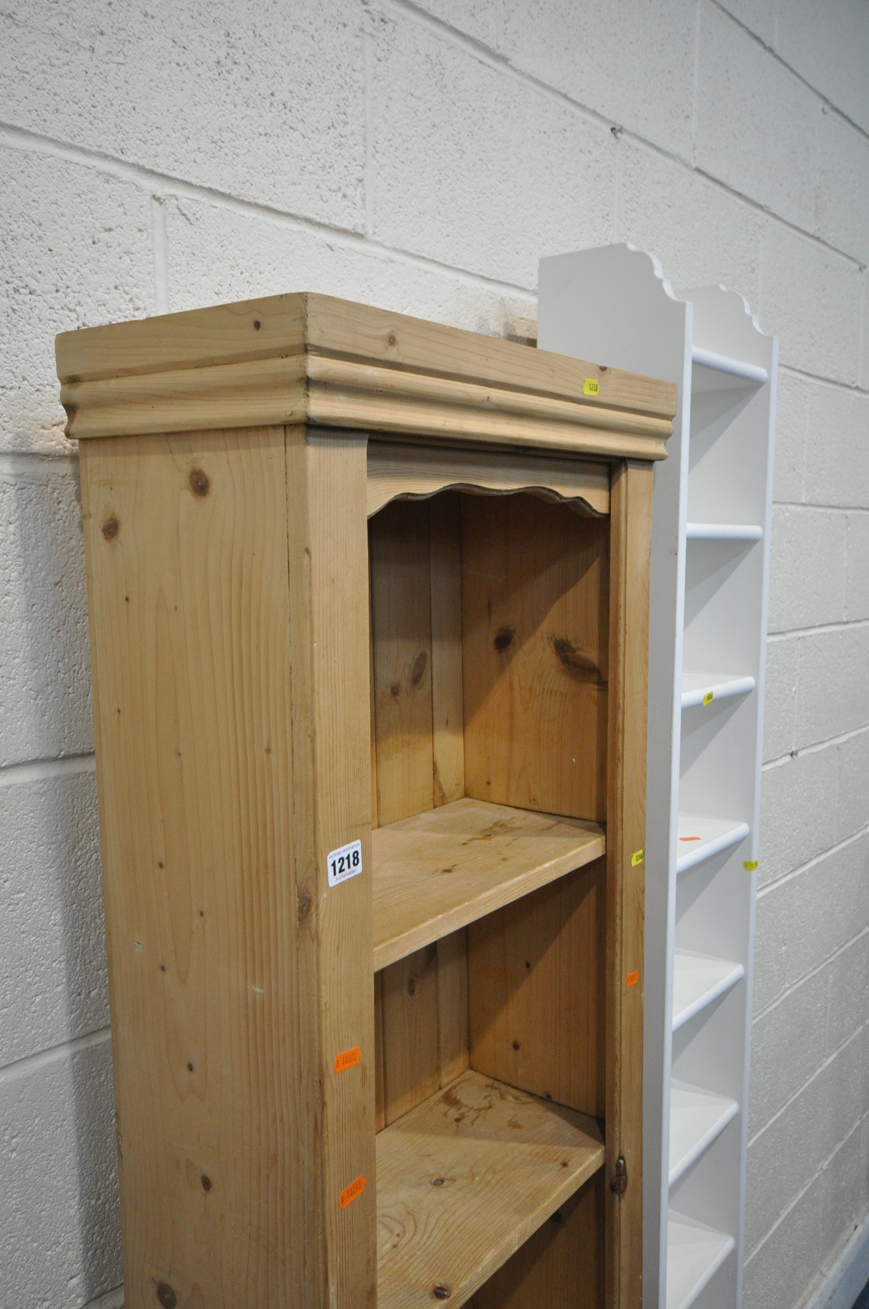 A SLIM MODERN PINE OPEN BOOKCASE, width 49cm x depth 24cm x height 182cm, and white painted open - Image 2 of 2