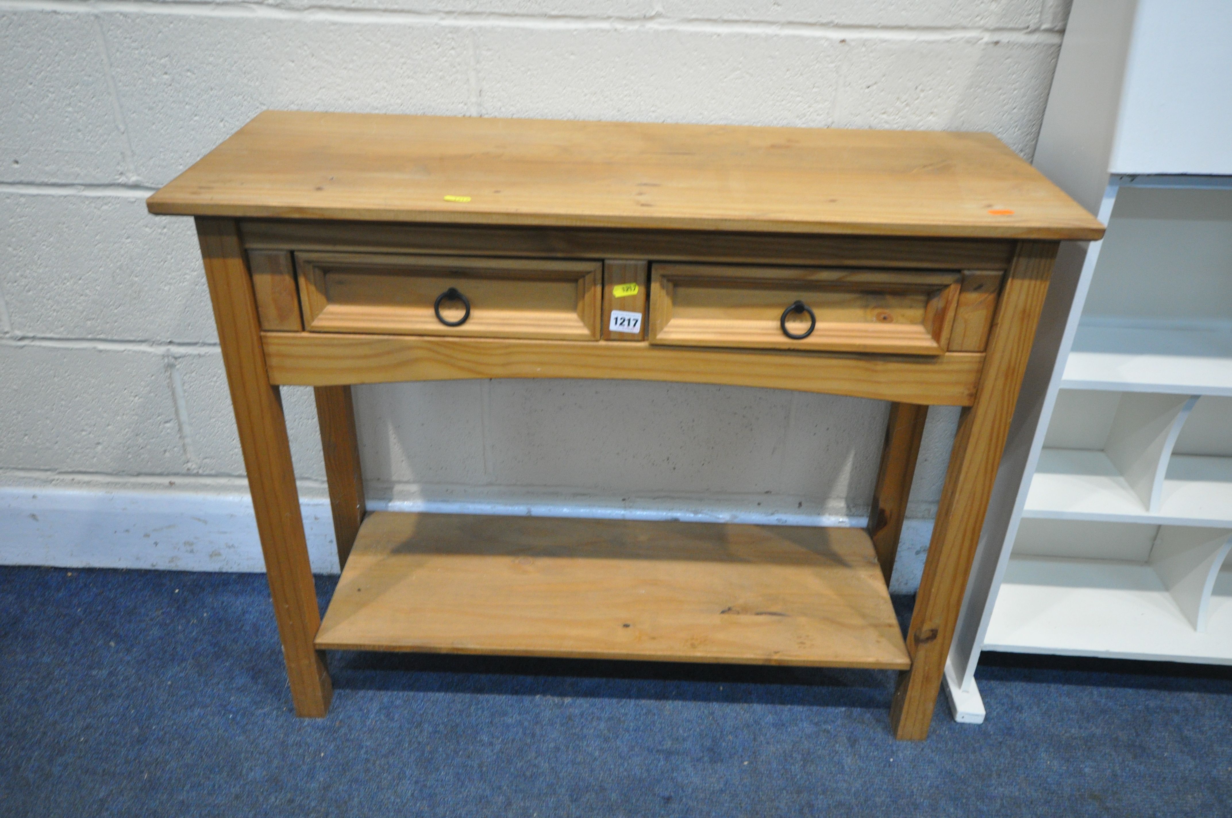 A CORONA PINE SIDE TABLE, with two drawers, width 90cm x depth 35cm x height 73cm, and two - Image 2 of 3