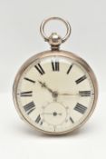 A SILVER OPEN FACE POCKET WATCH, key wound, round white dial, Roman numerals, subsidiary seconds