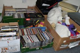 FOUR BOXES AND LOOSE DVDS, CDS, BAGS AND SUNDRY ITEMS, to include approximately ninety DVDs and