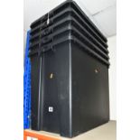 FIVE HEAVY DUTY STORAGE BOXES, with lids, black plastic, height 49cm x width 57cm x depth 38cm (