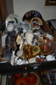 TWO BOXES OF ELVIS PRESLEY MEMORABILIA, to include figurines (all with sd), busts, collectors