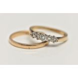 A 9CT GOLD BAND RING AND A FIVE STONE DIAMOND RING, yellow gold plain band ring, approximate width