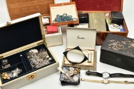 A BOX OF ASSORTED COSTUME JEWELLERY, to include four jewellery boxes with contents of costume