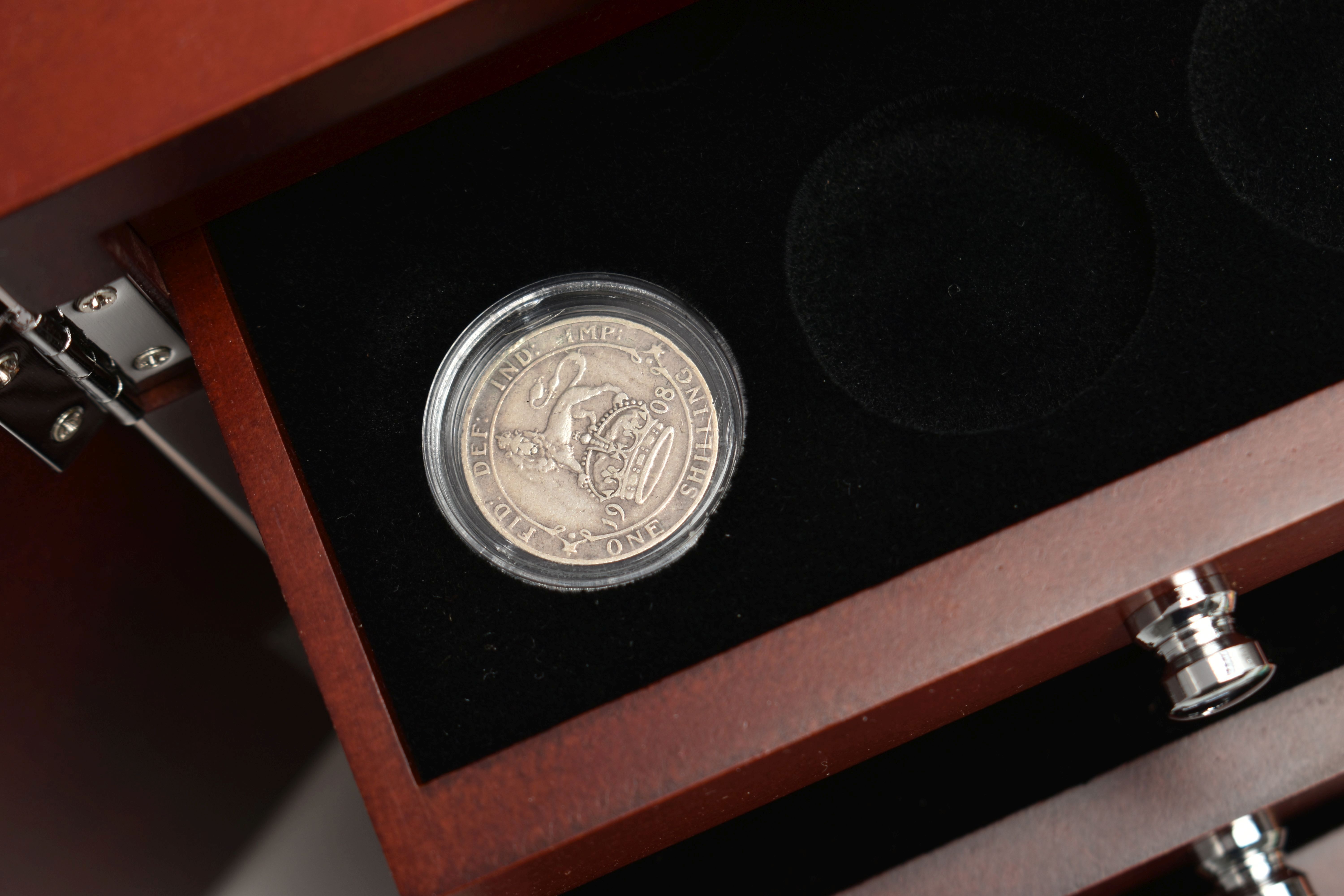 A GLAZED DISPLAY BOX THREE DECADES of GEORGE V STAMP AND COIN SET, to include four trays of silver - Image 11 of 18