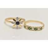 TWO 18CT GOLD GEM SET RINGS, the first a blue sapphire and diamond flower ring, hallmarked 18ct