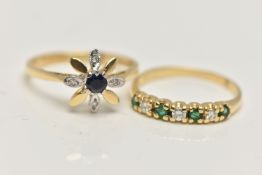 TWO 18CT GOLD GEM SET RINGS, the first a blue sapphire and diamond flower ring, hallmarked 18ct