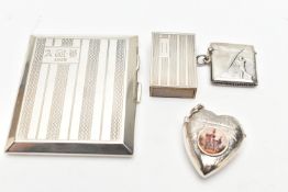 A GEORGE V SILVER CIGARETTE CASE, TWO SILVER EDWARDIAN STYLE VESTA CASES AND A SMALL STERLING