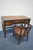 A LAURA ASHLEY BALMORAL CHESTNUT CAMPAIGN STYLE DESK, with three drawers, including a keyboard