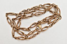 A 9CT GOLD FANCY LINK CHAIN NECKLACE, open work elongated links, fitted with a lobster clasp,